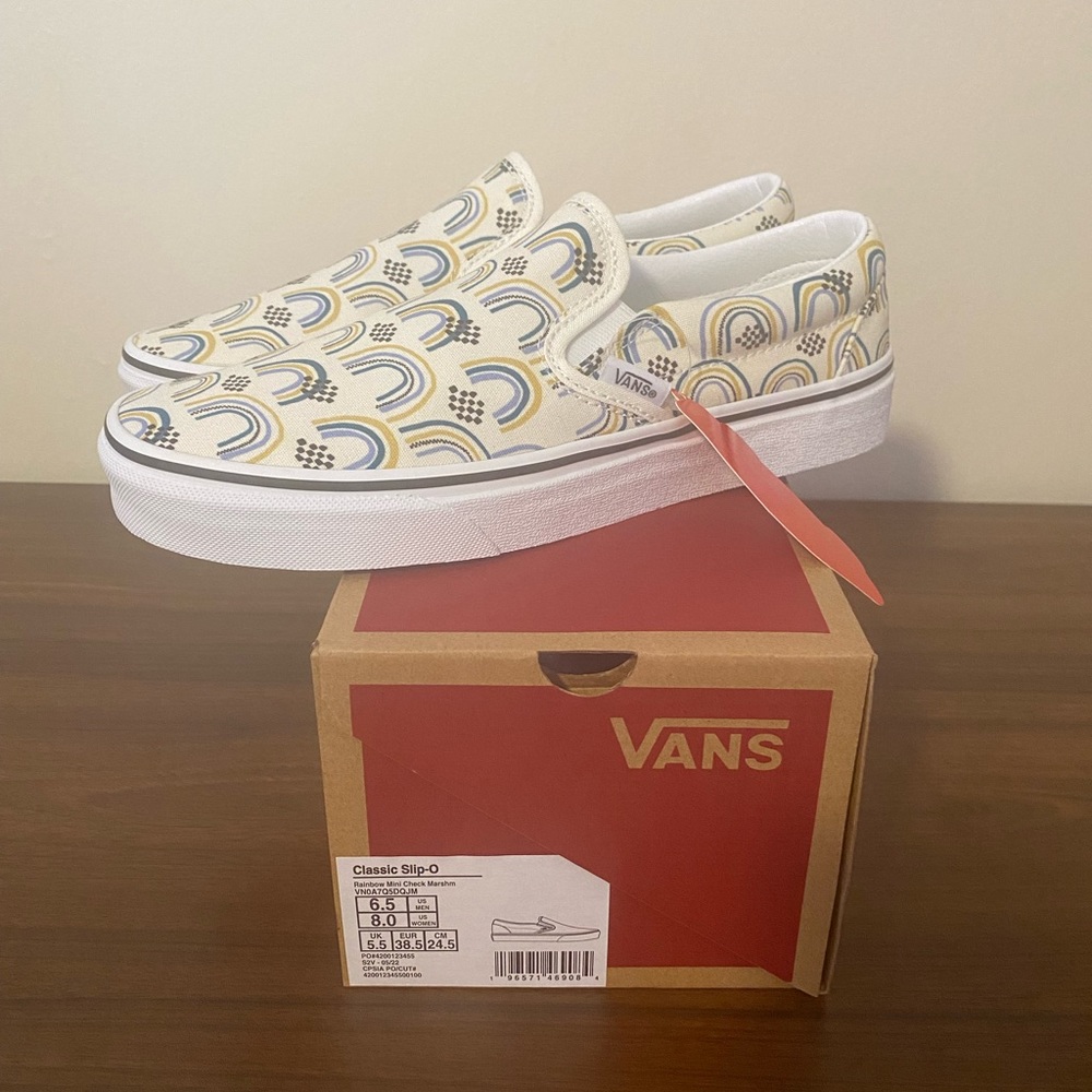 Women’s Size 8 Rainbow Slip On Vans Sneakers, Brand New
